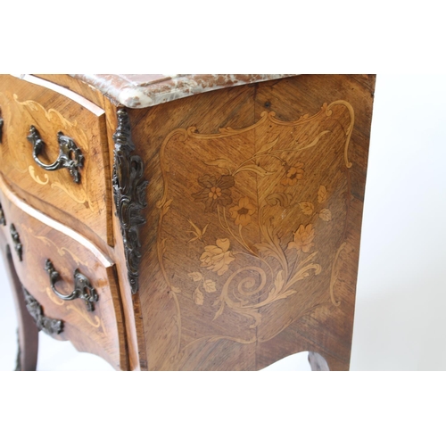 7 - A Louis XVI French Marble top Marquetry Commode. Late 18th century. Of small proportions. In Kingwoo... 