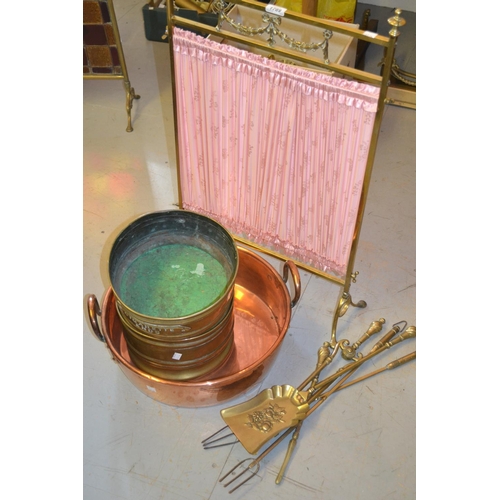 1789 - Edwardian brass firescreen, brass fender, copper warming pan, two brass cigarette butt containers, v... 