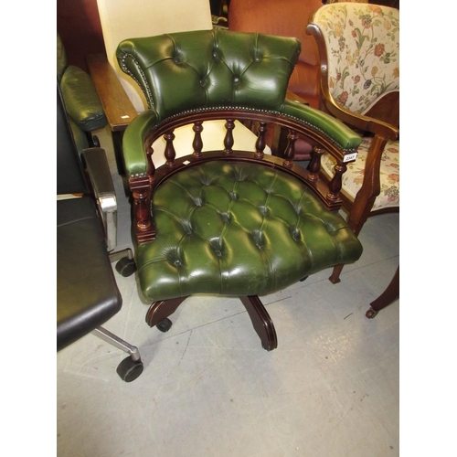 2347 - Reproduction green button leather upholstered and mahogany swivel office chair