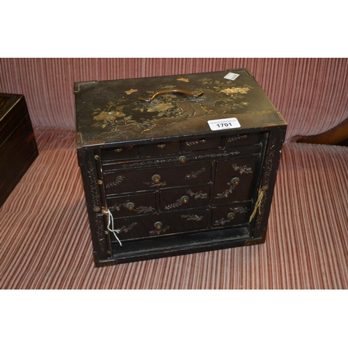 1701 - 19th Century Japanese black lacquer table cabinet with tambour doors enclosing drawers, 8.5ins high