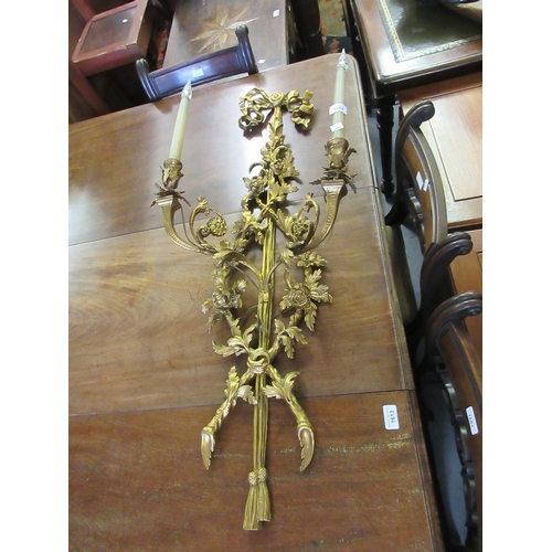 1762 - Large 19th Century carved wooden two branch wall sconce of floral design with bow and swag top, 44in... 