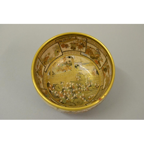 594 - Small finely painted Satsuma pottery bowl all-over painted with various figures, signed with seal ma... 
