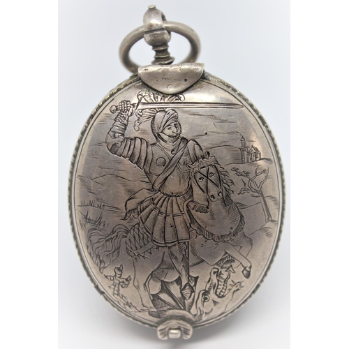 906 - Oval silver verge watch in 17th Century style, the front cover engraved with a scene of St. George a... 