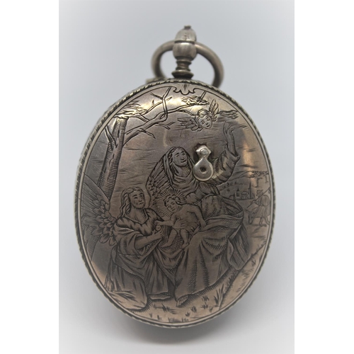 906 - Oval silver verge watch in 17th Century style, the front cover engraved with a scene of St. George a... 