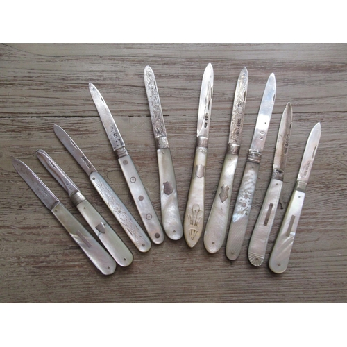 830 - Collection of ten, mainly 19th Century silver and mother of pearl handled large folding fruit knives... 