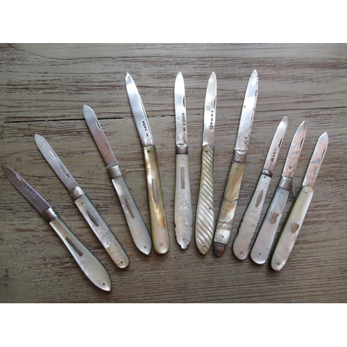 832 - Collection of ten, mainly 19th Century silver and mother of pearl handled folding fruit knives
