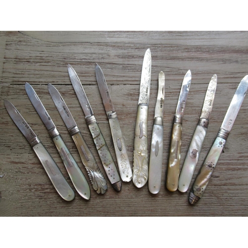 833 - Collection of ten, mainly 19th Century silver bladed and mother of pearl handled folding fruit knive... 