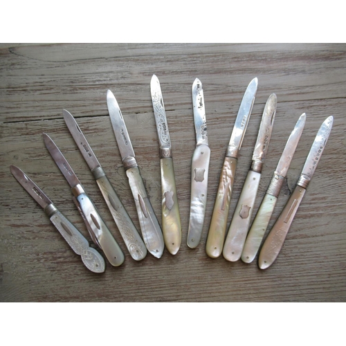 834 - Collection of ten 19th and 20th Century silver bladed and mother of pearl handled folding fruit kniv... 