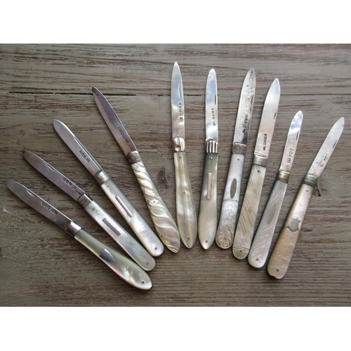 835 - Collection of ten, mainly 19th Century silver bladed and mother of pearl handled folding fruit knive... 