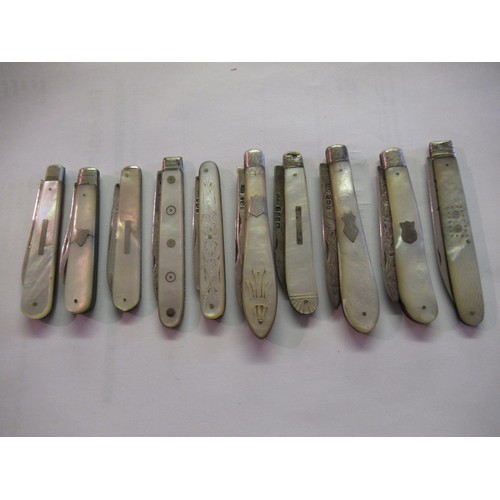 830 - Collection of ten, mainly 19th Century silver and mother of pearl handled large folding fruit knives... 
