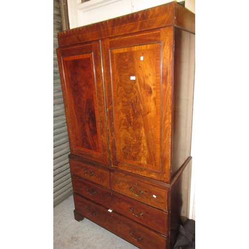 1348 - 19th Century mahogany and satinwood inlaid linen press with two panelled doors enclosing linen slide... 