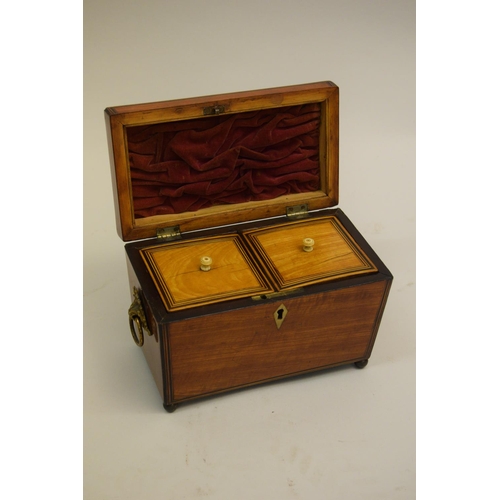1351 - George III satinwood and line inlaid sarcophagus shaped tea caddy, the hinged lid enclosing a two di... 
