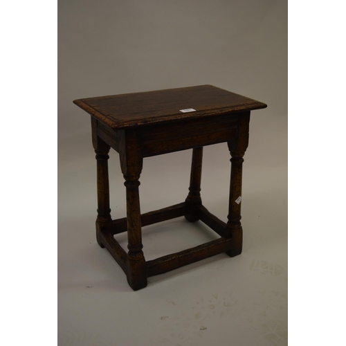 1371 - Good quality reproduction oak joint stool in 17th Century style, the moulded plank top above a mould... 