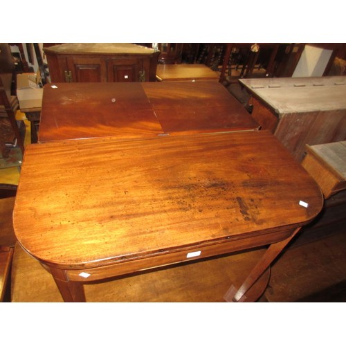 1336 - George III mahogany D-shaped fold-over card table with a baize lined interior above a shallow frieze... 