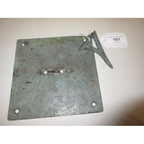 101 - Small patinated metal sundial in antique style, 6ins square approximately (Gnomon detached)