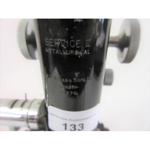133 - W. Watson and Son, black japanned metal and chromium plated monocular microscope