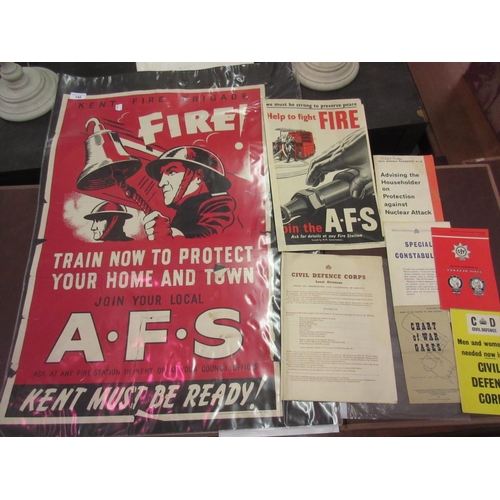 144 - World War II Kent Fire Brigade poster, 29.5ins x 19.75ins (various damages) together with a small qu... 