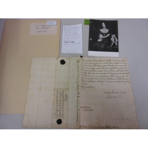 74 - Manuscript letter in French from Mary of Modena, signed ' Votre Bon Amie Marie R ', to mother Franco... 