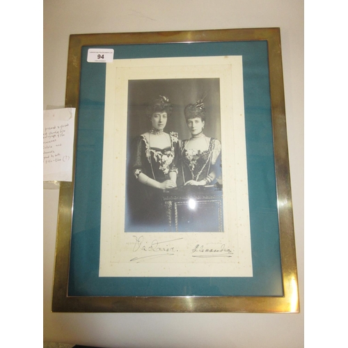 94 - Double portrait photograph of the Princesses Victoria and Alexandra, signed by both and mounted in a... 