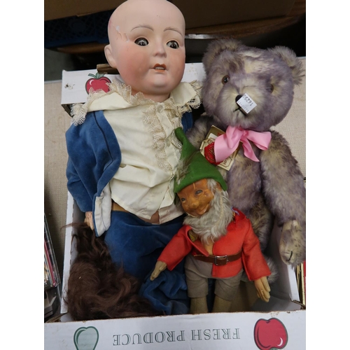 107 - German P & S bisque headed doll with blue velvet suit (at fault) together with a figure of a gnome (... 