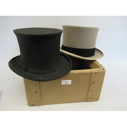 15 - Lock and Co. grey top hat, together with a Dunn and Co. black folding opera top hat