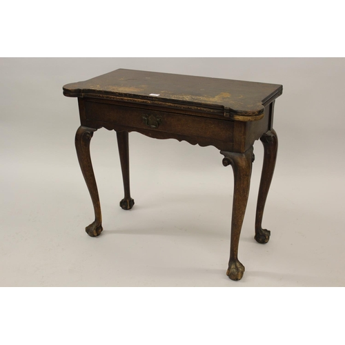 1524 - Early George III mahogany fold-over card table, the shaped baize lined fold-over top above a single ... 