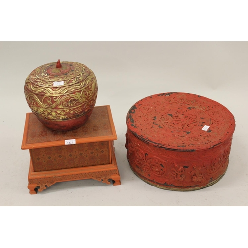 1532 - 20th Century oriental circular red lacquer box and cover, 17.5ins diameter together with a similar b... 