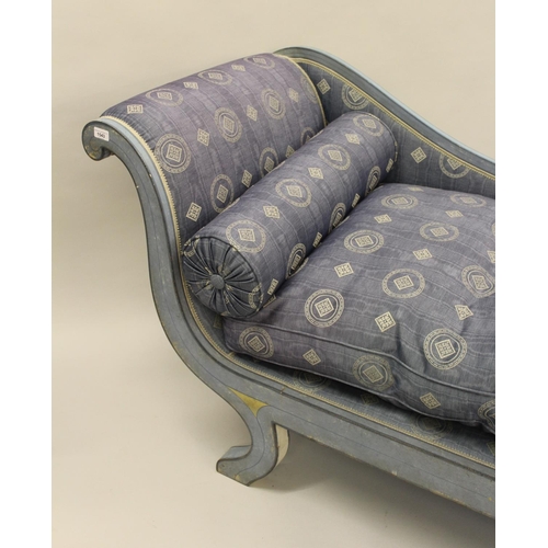 1543 - 20th Century painted chaise longue in Regency style, the shaped back and scroll frame on conforming ... 