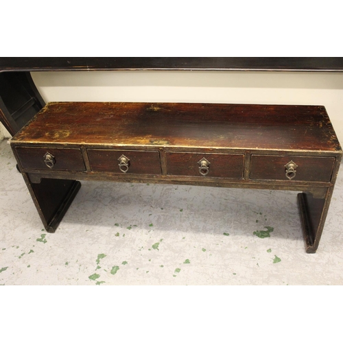 1549 - Late 19th / early 20th Century Chinese black lacquer opium table with four drawers, brass drop handl... 