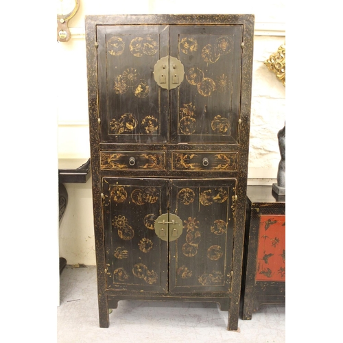 1560 - Late 19th / early 20th Century Chinese black and gilt lacquer side cabinet with two doors above two ... 