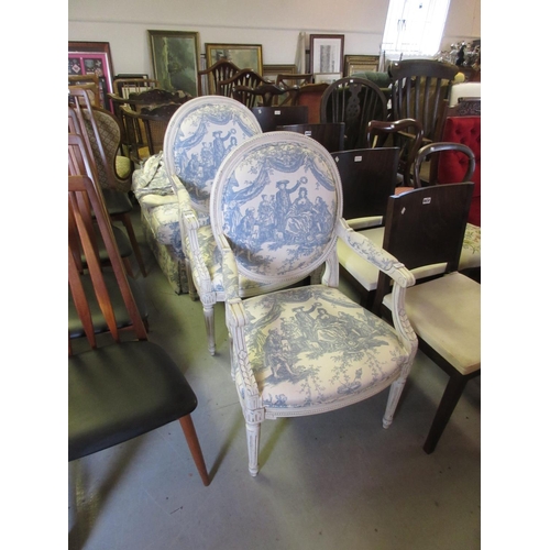 1564 - Pair of 20th Century French white painted open armchairs, upholstered in blue and white toile de jou... 