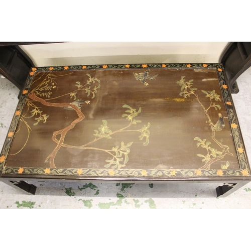 1565 - Large 20th Century Chinese lacquer rectangular coffee table, the glass inset top decorated with bird... 