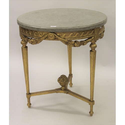 1567 - 19th Century French giltwood and composition circular centre table, the grey flecked marble top abov... 