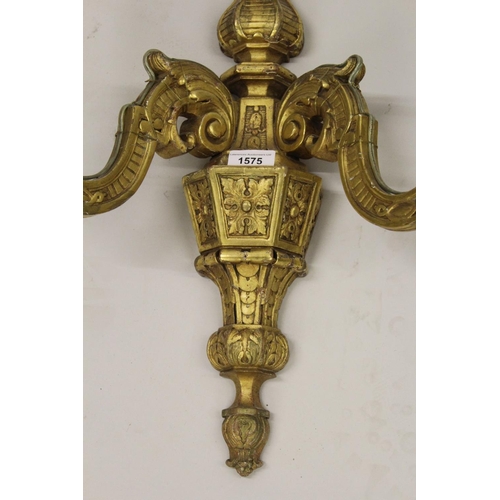 1575 - Pair of 19th Century carved and gilded composition twin light wall sconces of faceted baluster form,... 