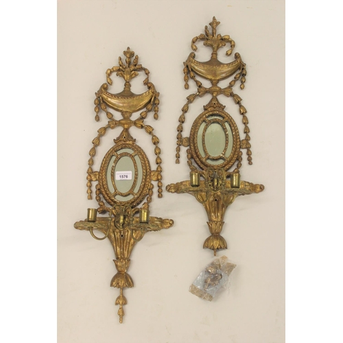 1576 - Pair of 19th Century carved and gilded composition twin light wall sconces of Adam style, each with ... 