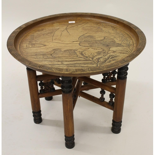 1585 - Early 20th Century Japanese circular elm occasional table carved with waterfowl, signed with charact... 