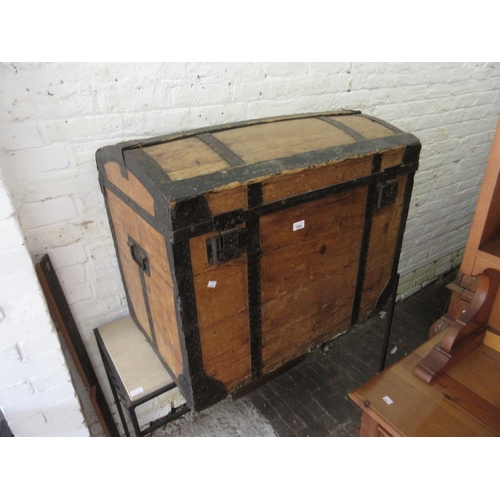 1592 - 19th Century pine and iron bound dome top trunk (at fault), 33.5ins wide