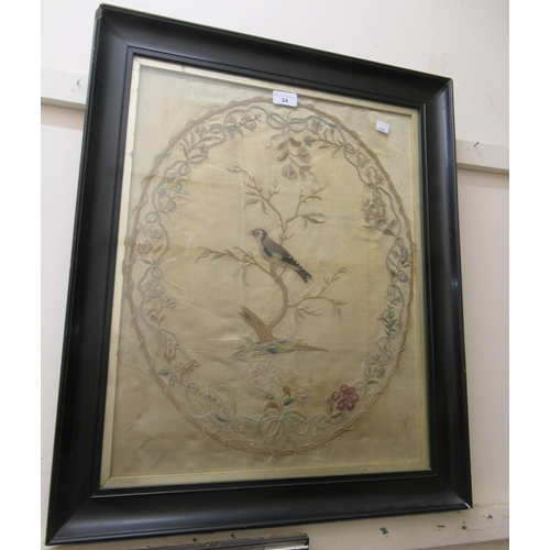 24 - George III silkwork picture of a bird in a tree, 21ins x 17ins and an early 19th Century needlework ... 
