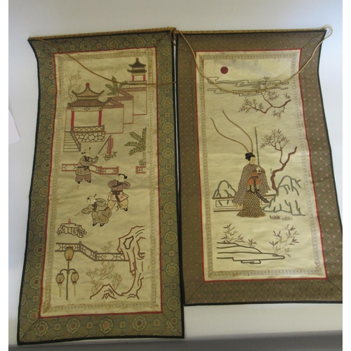 29 - Chinese silk needlework picture depicting children in a garden scene with pagoda, 26ins x 12ins and ... 