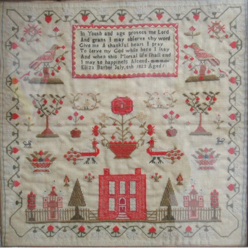 35 - Good quality early 19th Century pictorial woolwork sampler depicting house and garden, birds and flo... 