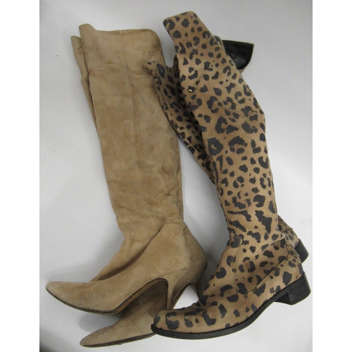 42 - Pair of Russell & Bromley leopard print suede ladies knee high boots, 1in block heels, size 38.5 tog... 