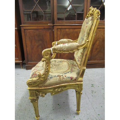 1571 - Pair of 19th Century French giltwood open armchairs, the floral and acanthus decorated frames with p... 