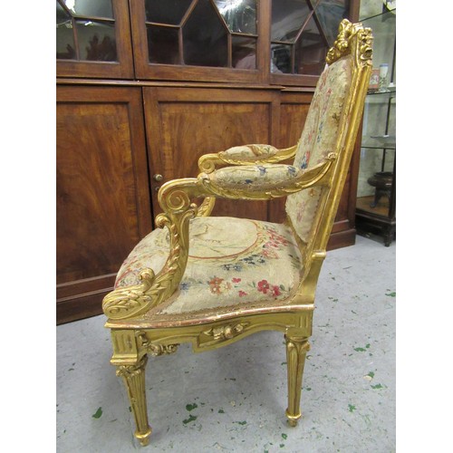 1571 - Pair of 19th Century French giltwood open armchairs, the floral and acanthus decorated frames with p... 