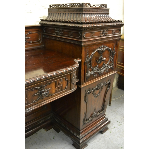 1678 - Fine 19th Century mahogany twin pedestal sideboard of Chippendale revival form, circa 1880, the orna... 