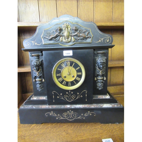 1400 - Large 19th Century black slate gilt metal mounted mantel clock, the black enamel dial with gilded Ro... 