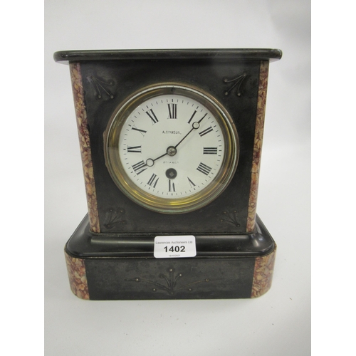 1402 - 19th Century black slate marble mounted mantel clock, the enamel dial with Roman numerals and a sing... 