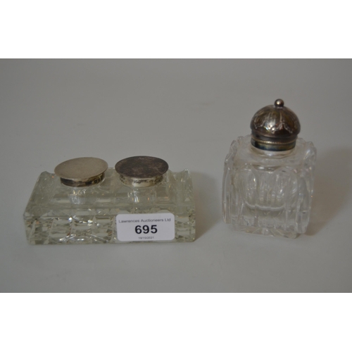 695 - Birmingham silver mounted cut glass double inkwell (at fault) and a similar single inkwell