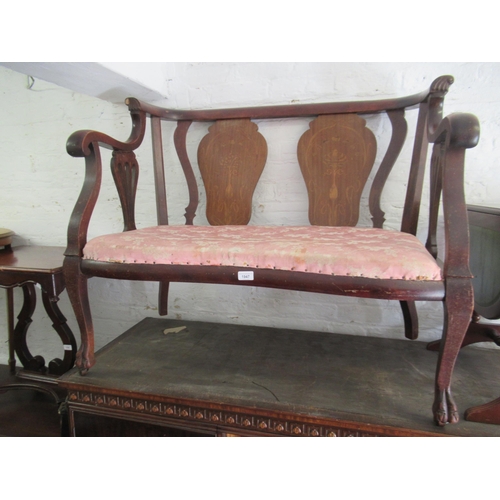 1947 - Small Edwardian mahogany, beechwood and marquetry inlaid two seat drawing room sofa with scroll arms... 