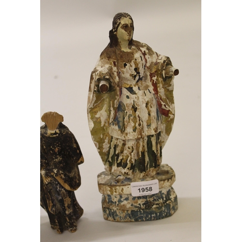 1958 - Three various antique carved polychrome figures with damages and losses, the tallest 11ins