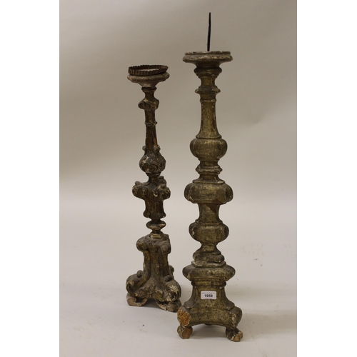 1959 - Antique carved and gilded candle stand on a tripod base, 27ins high together with another similar sm... 